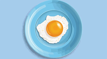 Blue round plate with fried egg Flat vector - obrazy, fototapety, plakaty