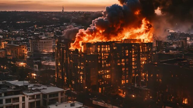 building on fire with massive smokes