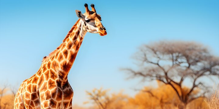 Majestic Giraffe Poses Elegantly in a Drought-Stricken Meadow Under a Blue Sky. Concept Wildlife Photography, Giraffe Portraits, Drought Effects, Nature Conservation, Vibrant Landscapes