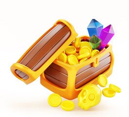 Wooden chest with gold coins, gems and skull 3d render icon. Luxury old pirate treasure box with open lid, money, jewelry and gemstones. Cartoon vintage wood trunk with golden fetter. 3D illustration