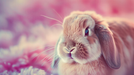 Fluffy rabbit with soft fur, gleaming eyes, amidst a dreamy pink haze.