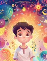 a cover of kids book, islamic book about Ramadan, a cute little boy with a curious expression, he surrounded by vibrant colors and symbols of Ramadan in the style of kids book illustration, cartoon, s