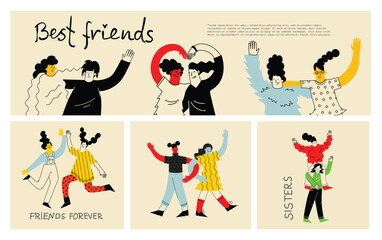 Groovy hippie love best friends characters. Comic happy girls, best friends in trendy retro 60s 70s cartoon style. Vintage isolated vector illustration.