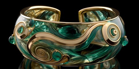 Swirls of emerald and topaz meld together, forming a luxurious and opulent liquid landscape.