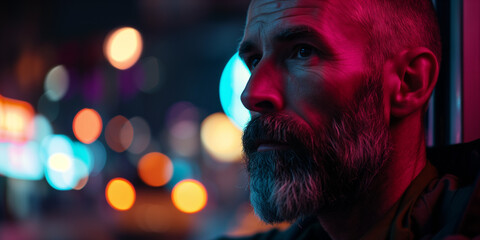 Mature man with a graying beard lost in thought, neon city lights creating a moody backdrop