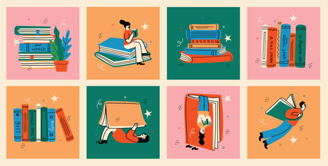 World Book Day graphics - book week events. Modern flat vector concept illustration of reading people, young man reading book flying in the sky in retro style - 750556667