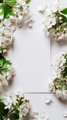Blank paper card mock-up with Sakura blossoms on white background. Luxury greeting card design concept. Generative AI