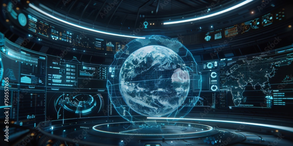 Aufkleber Futuristic Command Center: Monitoring Global Data and Earth's Environment Through Advanced Holographic Interfaces, Generative AI
