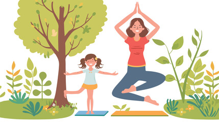 Obraz na płótnie Canvas Happy mom and daughter practicing yoga in park Flat v