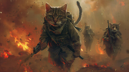Cat soldier going to war - obrazy, fototapety, plakaty