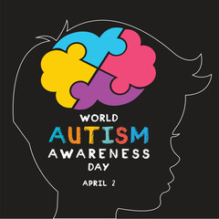 World Autism Awareness Day design. It features a child head with colorful jigsaw puzzle brain. Vector illustration