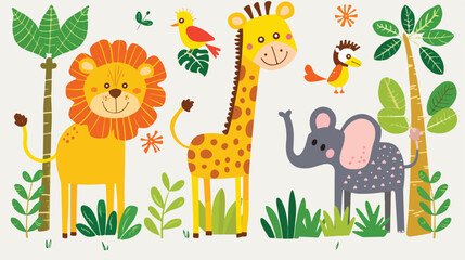 Obraz na płótnie Canvas Cute flat vector with African animalsand plants giraf