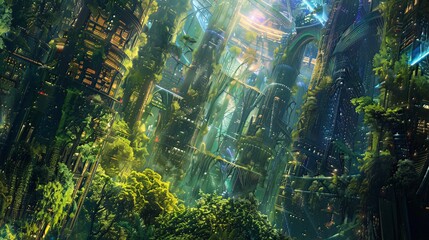 Quantum Fusion Urban Jungle: A vision of the future where urban landscapes merge with the quantum realm, giving rise to a surreal jungle of interconnected structures pulsating with vibrant energy