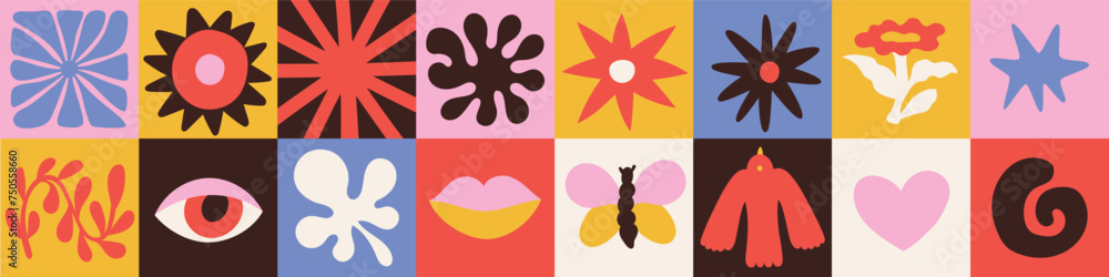 Poster Vector set of abstract creative backgrounds in minimal trendy style with geometric flowers - design templates for social media stories and posts - summer simple, stylish designs for invitations, packa