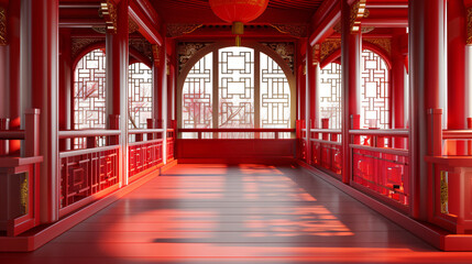 Chinese style bridge with red indoor background 3d