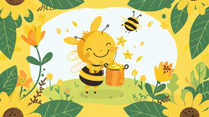 Cute queen bee is holding a pot of honey. Frame from