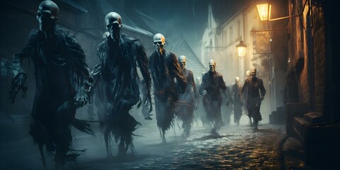 Group of undead creatures stalking through a dimly lit urban alleyway at night. Concept Horror, Urban, Night, Undead, Dark