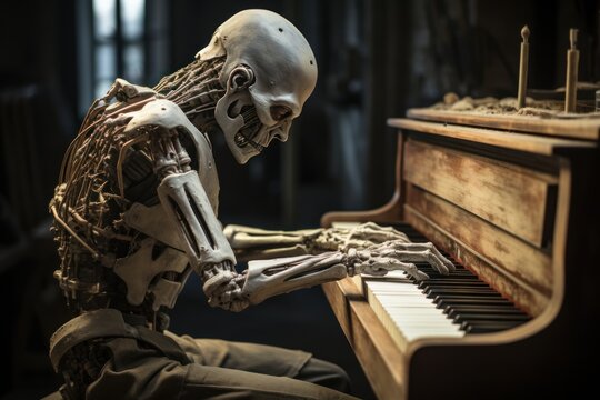 Human skeleton playing the piano. Halloween concept. Selective focus.