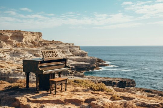 Piano on the cliff above the sea in Gozo, Malta. Musical instrument concept.