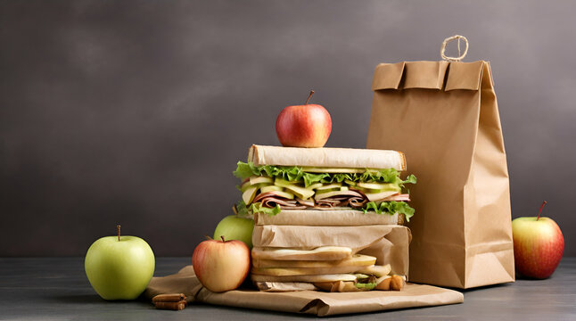 Brown paper bag with sandwich and apple for lunch. Copy space image. Place for adding text. Genrative.ai 
