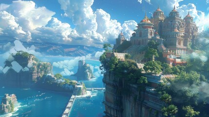 Fototapeta premium An enchanting view of ancient temples perched on verdant coastal cliffs, with the vast ocean and floating clouds creating a dreamlike landscape.