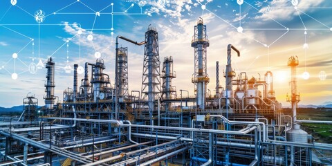 A Composite Image of Oil Refinery Silhouettes Against Economic Market Trends, Generative AI