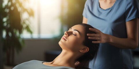 Chiropractor providing handson therapy to female patient on massage table emphasizing neck pressure point. Concept Chiropractic treatment, Hands-on therapy, Neck pressure point, Female patient