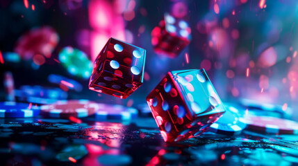Close-up of gaming dice and chips against the backdrop of a luxury casino. Betting concept. Generative AI - obrazy, fototapety, plakaty