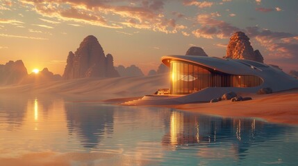 Fototapeta na wymiar A futuristic residence stands as an oasis against a backdrop of desert dunes and a tranquil water body at sunset.