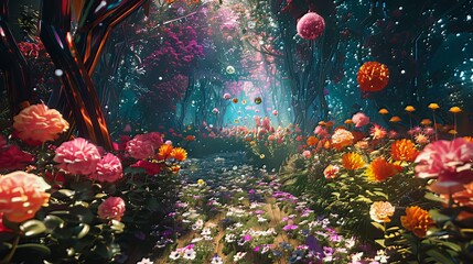 Quantum Garden: A surreal garden where quantum particles bloom as radiant flowers, challenging the laws of nature and inviting viewers into a kaleidoscope of alternate realities.