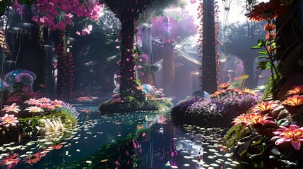 Quantum Garden: A surreal garden where quantum particles bloom as radiant flowers, challenging the laws of nature and inviting viewers into a kaleidoscope of alternate realities.