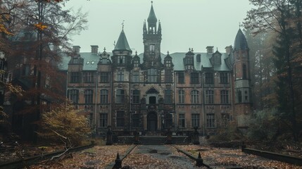 A once-grand Victorian manor stands abandoned, its somber facade enveloped by the colorful yet melancholic embrace of an autumnal forest.