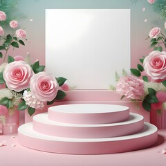 Cylinder podium on pink background for product, Symbols of love for women's holiday, Valentine's Day, roses ornaments