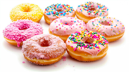 Delectable array of donuts with pastel-colored frostings. Assorted glazed donuts with colorful sprinkles.