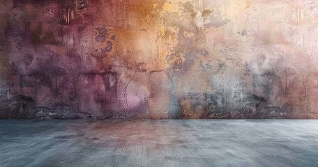 Grunge texture, vintage artistic backdrop, featuring a worn, multicolored concrete wall and a rustic aged floor.