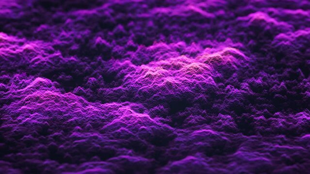 Waves flow on the surface of purple digital fog. Abstract concept of sound waves, artificial intelligence (AI) or data science. Digital clouds made of glowing digital particles, 4K looped animation