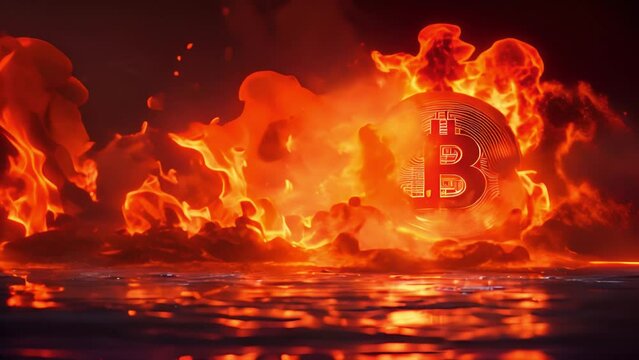 Bitcoin with fire flames black background. Golden bitcoin coin in fire trading stock chart. Bitcoin Gold and Cash lightning blockchain hard fork concept. Cryptocurrency coin on polygon peer to peer ne