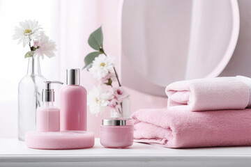 Fototapeta na wymiar Toiletries - towels, soap dispenser in pastel pink color, flowers in a vase
