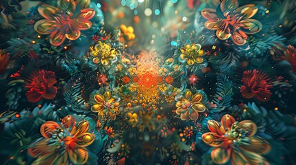 Fototapeta na wymiar Quantum Garden: A surreal garden where quantum particles bloom as radiant flowers, challenging the laws of nature and inviting viewers into a kaleidoscope of alternate realities.
