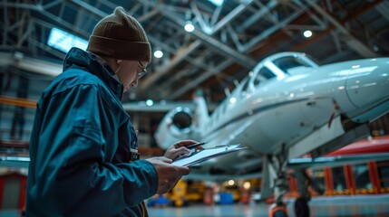 Fototapeta na wymiar In a Hangar Aircraft Airplane Technician, flight preparations in with a checklist