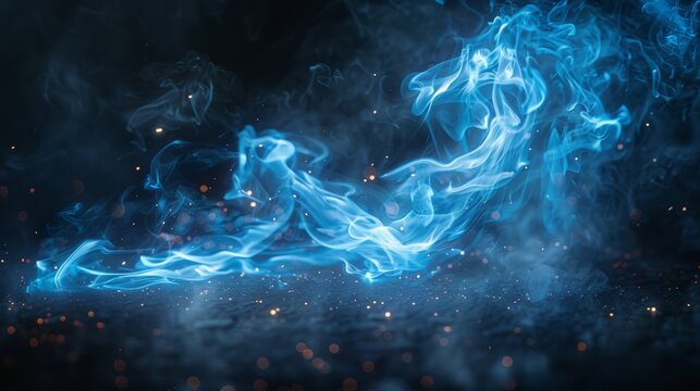 a glowing blue fire spark with white smoke isolated in black background