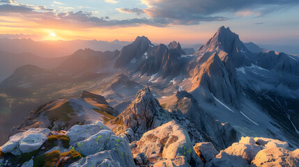 A rugged alpine ridge, with jagged peaks as the background, during golden hour