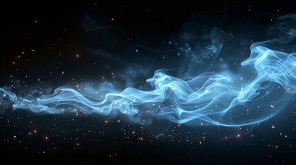 a glowing blue fire spark with white smoke isolated in black background