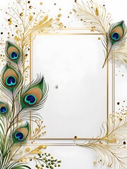 peacock feather frame atercolour Invitation flower card mockup Card mockup with copy ,flower frame ,Birthday, Wedding, Mother's Day, Valentine's day, Women's Day. Front view