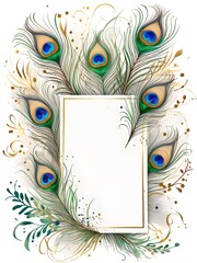 peacock feather frame atercolour Invitation flower card mockup Card mockup with copy ,flower frame ,Birthday, Wedding, Mother's Day, Valentine's day, Women's Day. Front view