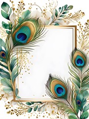 peacock feather frame atercolour Invitation flower card mockup Card mockup with copy ,flower frame ,Birthday, Wedding, Mother's Day, Valentine's day, Women's Day. Front view