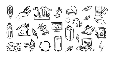 Set of ecology. Hand-drawn doodle vector illustration. Ecology problem, recycling and green energy icons. Environmental symbols.