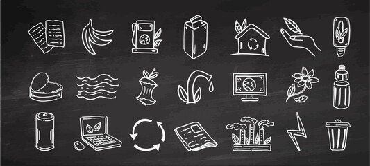 Set of ecology. Hand-drawn doodle vector illustration on chalkboard background. Ecology problem, recycling and green energy icons. Environmental symbols.