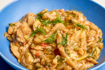 mushroom stew (Pleurotus) in a plate ready to be served.