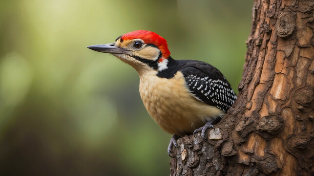 Woodpecker on tree trunk 